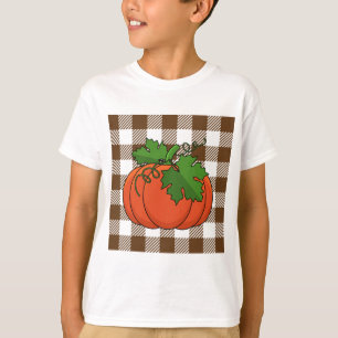 Orange Pumpkin on White Brown Chequered Pattern T-Shirt