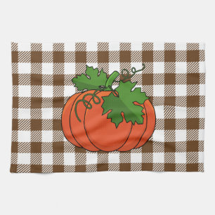 Orange Pumpkin on White Brown Chequered Pattern Tea Towel
