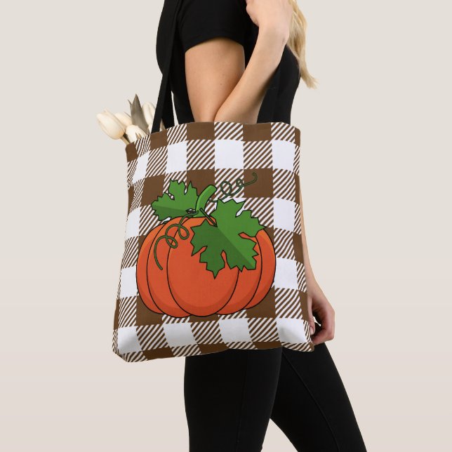 Orange Pumpkin on White Brown Chequered Pattern Tote Bag (Close Up)