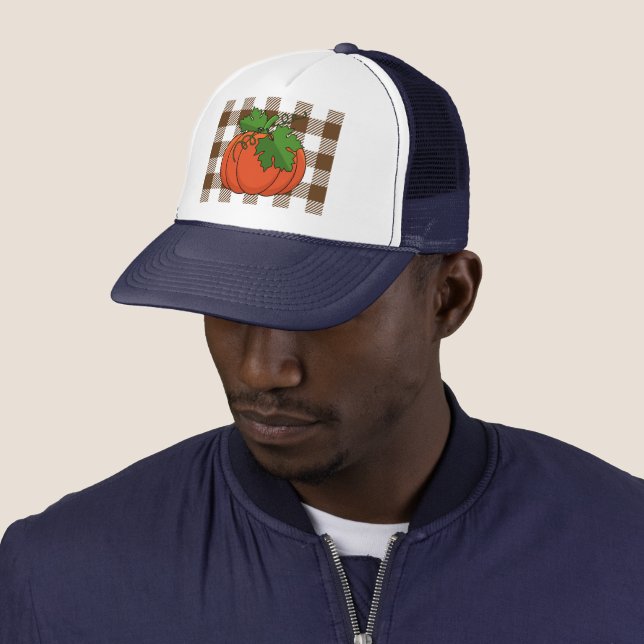 Orange Pumpkin on White Brown Chequered Pattern Trucker Hat (In Situ)