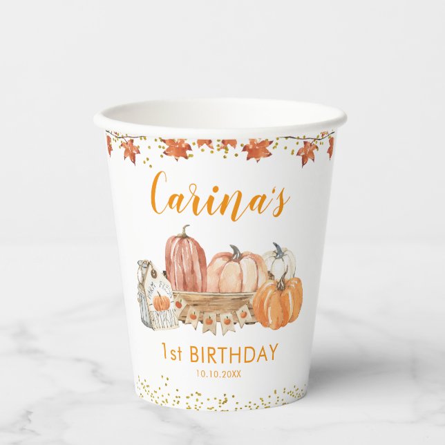 Orange Pumpkin Patch Autumn Birthday Paper Cup (Front)