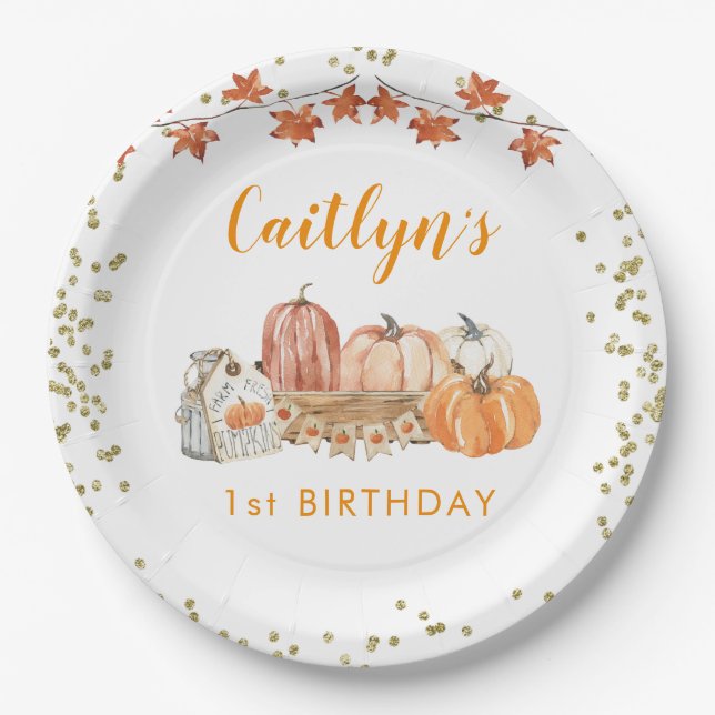 Orange Pumpkin Patch Autumn Birthday Paper Plate (Front)