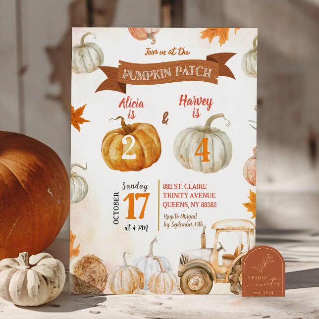 Orange Pumpkin Patch Tractor Joint Birthday Invitation (Creator Uploaded)