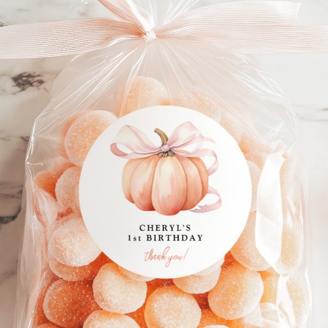 Orange Pumpkin Pink Bow 1st Birthday Classic Round Sticker (Creator Uploaded)