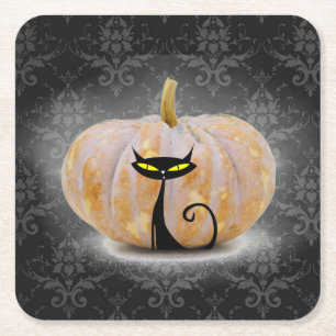Orange Pumpkin & Retro Cat Halloween Party Coaster