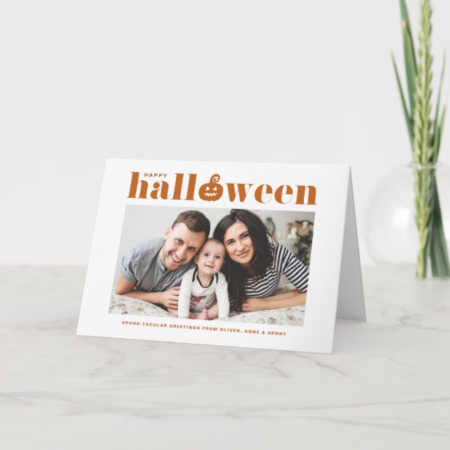 Orange Pumpkin Retro Typography Happy Halloween Card (Front)