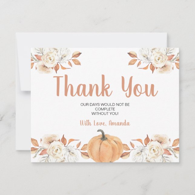 Orange Pumpkin Rustic Floral 1st Birthday  Thank You Card (Front)