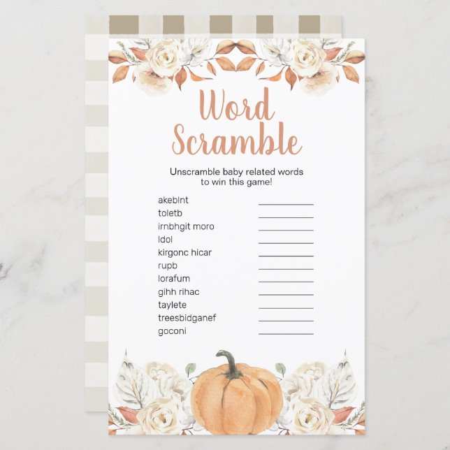 Orange Pumpkin Rustic Floral Word Scramble (Front/Back)