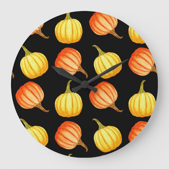 Orange Pumpkin: Seamless Watercolor Pattern. Large Clock (Front)