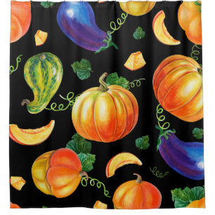 Orange pumpkin, Striped zucchini, blue eggplant on Shower Curtain