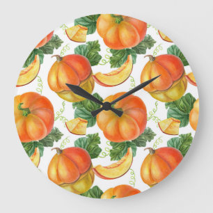 Orange Pumpkin: Summer-Autumn Vegetable Pattern. Large Clock