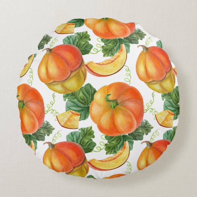 Orange Pumpkin: Summer-Autumn Vegetable Pattern. Round Cushion (Front)