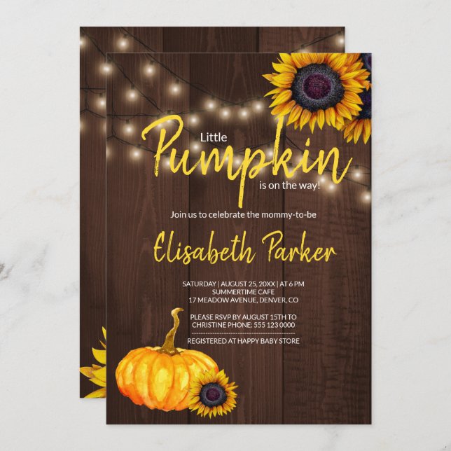Orange Pumpkin Sunflowers Barn Wood Baby Shower Invitation (Front/Back)