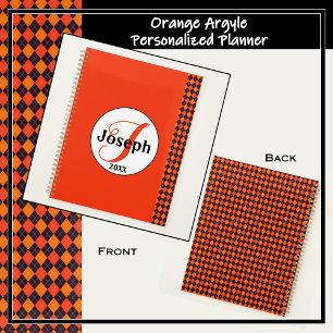 Orange Pumpkin Tangerine Black Argyle Monogrammed  Planner