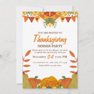Orange Pumpkin Thanksgiving dinner party Printable Invitation