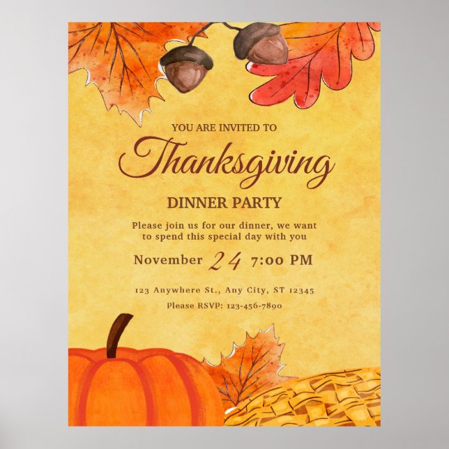 Orange Pumpkin Thanksgiving dinner party Printable Poster (Front)