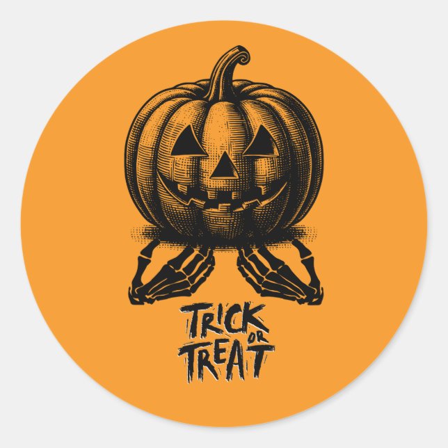 Orange Pumpkin Trick Or Treat Skull Hand Spooky Classic Round Sticker (Front)