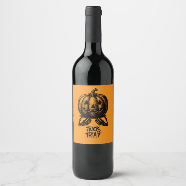 Orange Pumpkin Trick Or Treat Skull Hand Spooky Wine Label (Front)