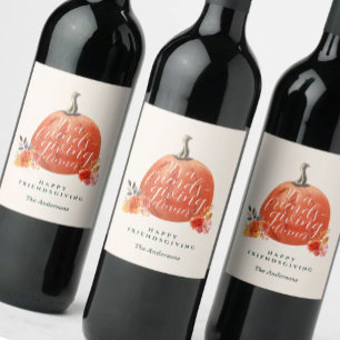Orange Pumpkin Watercolor Friendsgiving Dinner Wine Label
