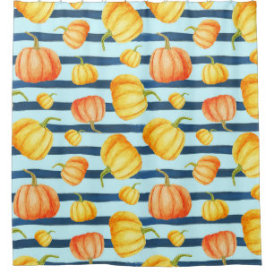 Orange pumpkin: watercolor striped decor. shower curtain