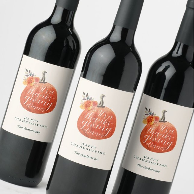 Orange Pumpkin Watercolor Thanksgiving Dinner  Wine Label (Creator Uploaded)