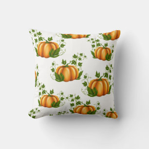Orange Pumpkin With Green Leaves Rustic Country Cushion