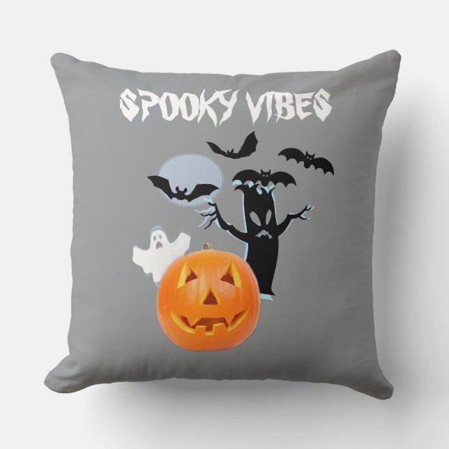 Orange Pumpkin with White Ghost and Bats Cushion (Front)