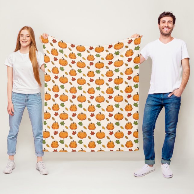 Orange Pumpkins And Autumn Leaves Pattern Fleece Blanket (In Situ)