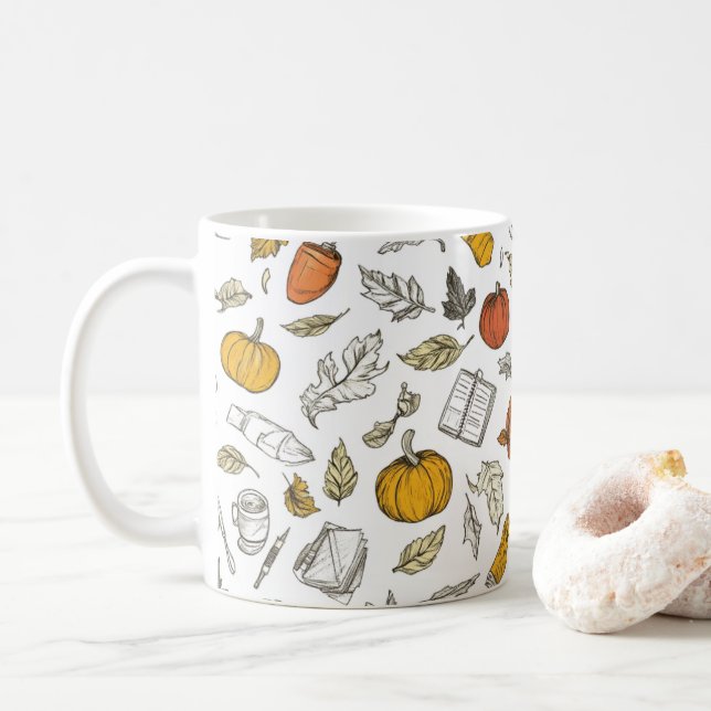 Orange pumpkins and engraved-style leaves.   coffee mug (With Donut)