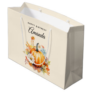 Orange Pumpkins and Flowers Autumn Birthday Large Gift Bag
