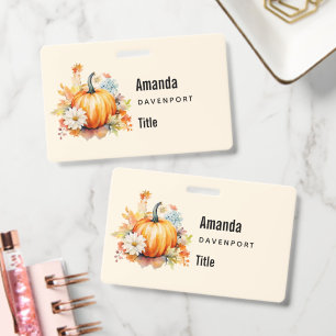 Orange Pumpkins and Flowers Autumn Business ID Badge