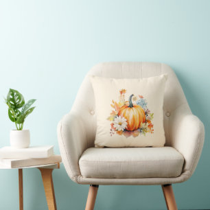 Orange Pumpkins and Flowers Autumn Cushion