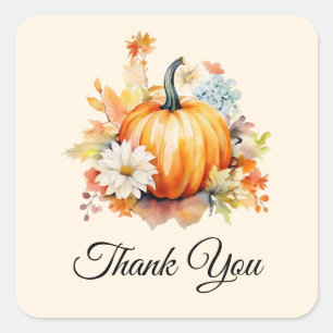 Orange Pumpkins and Flowers Autumn Thank You Square Sticker