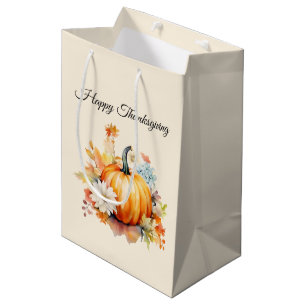 Orange Pumpkins and Flowers Autumn Thankgiving Medium Gift Bag