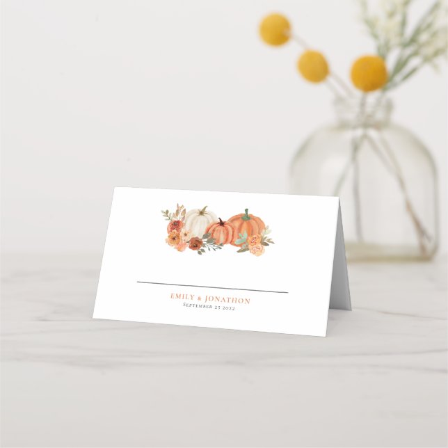 Orange Pumpkins Autumn Florals Names Date Wedding Place Card (Front)