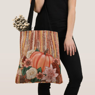 ORANGE PUMPKINS & ORANGE GOLD & GREEN FLOWERS TOTE BAG