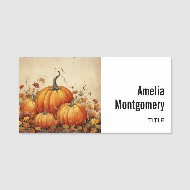 Orange Pumpkins Rustic Autumn Name Tag (Front)