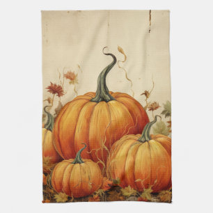 Orange Pumpkins Rustic Autumn Tea Towel