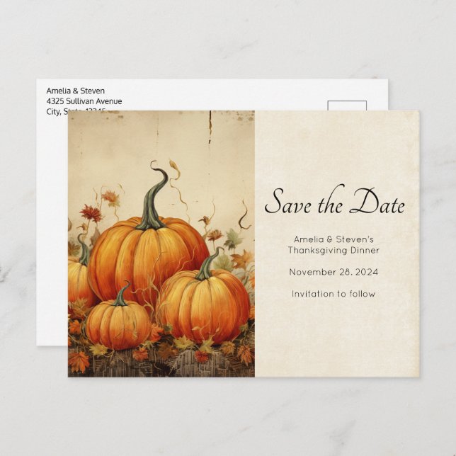 Orange Pumpkins Rustic Autumn Thanksgiving Announcement Postcard (Front/Back)