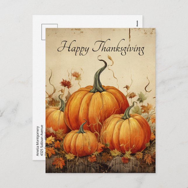 Orange Pumpkins Rustic Autumn Thanksgiving Holiday Postcard (Front/Back)