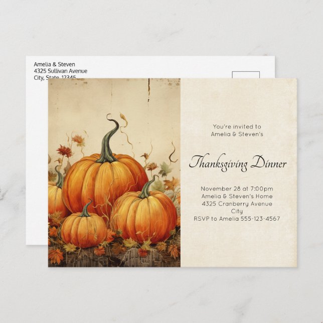 Orange Pumpkins Rustic Autumn Thanksgiving Invitation Postcard (Front/Back)