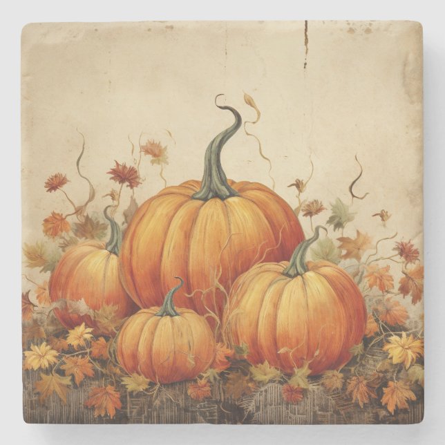 Orange Pumpkins Rustic Autumn Thanksgiving Stone Coaster (Front)