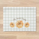 Orange Pumpkins Thanksgiving Family Name Tea Towel<br><div class="desc">Custom-designed modern rustic kitchen towels for the autumn fall season featuring watercolor orange pumpkins with personalised family name on sage buffalo check pattern.</div>