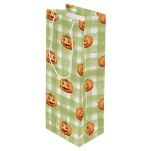 ORANGE PUMPKINS WITH GREEN & WHITE PLAID WINE GIFT BAG
