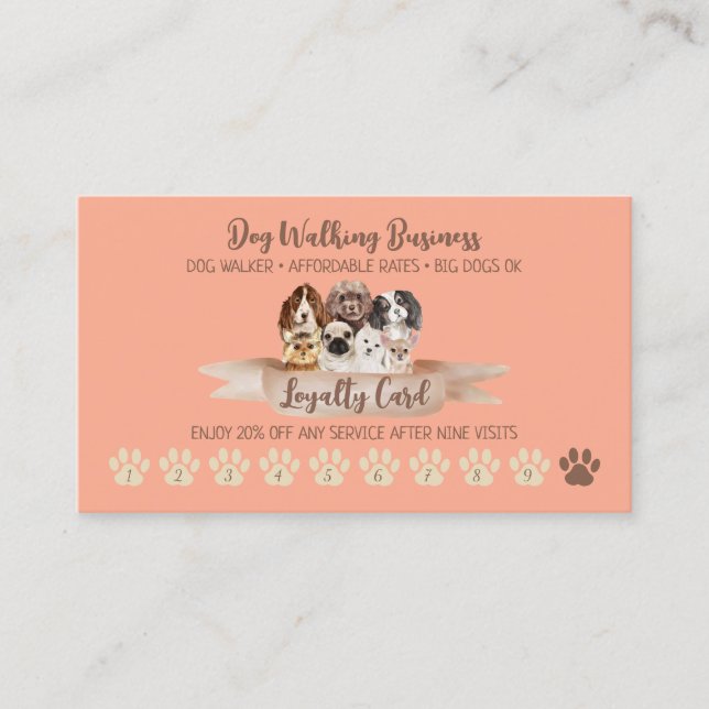 Orange Punch Dog Walker Loyalty Discount Paw Business Card (Front)