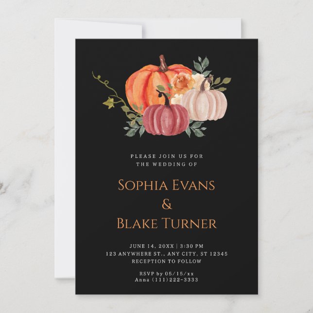 Orange Purple and White Pumpkin Black Wedding Invitation (Front)