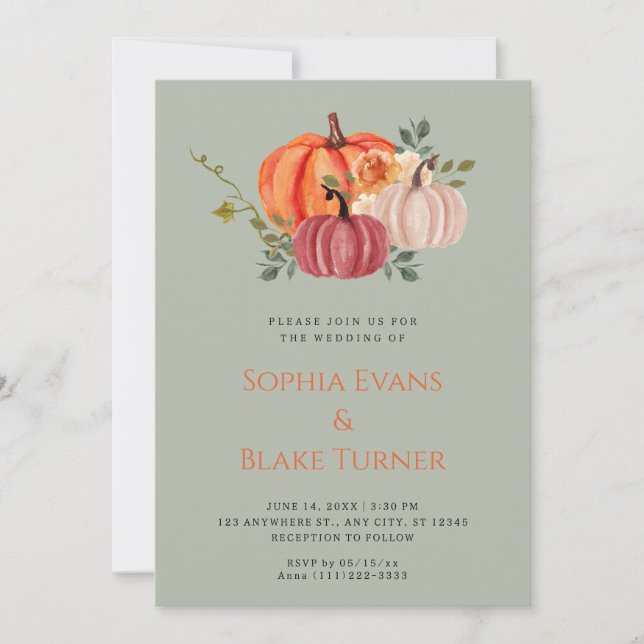 Orange Purple and White Pumpkin Green Wedding Invitation (Front)