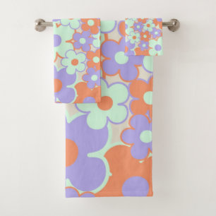 Orange Purple Blue Retro Y2K 70s Flower Pattern Bath Towel Set