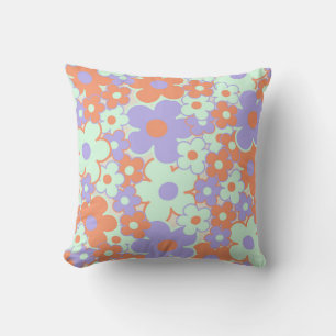 Orange Purple Blue Retro Y2K 70s Flower Pattern Cushion