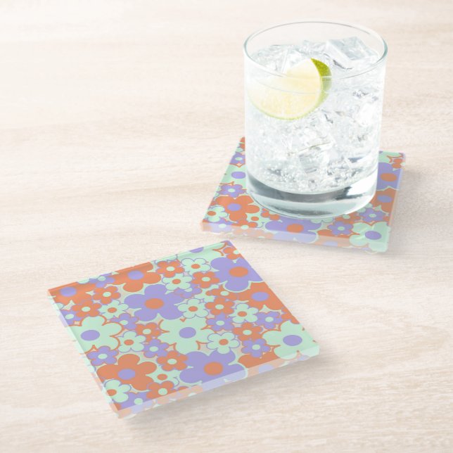 Orange Purple Blue Retro Y2K 70s Flower Pattern Glass Coaster (Angled)